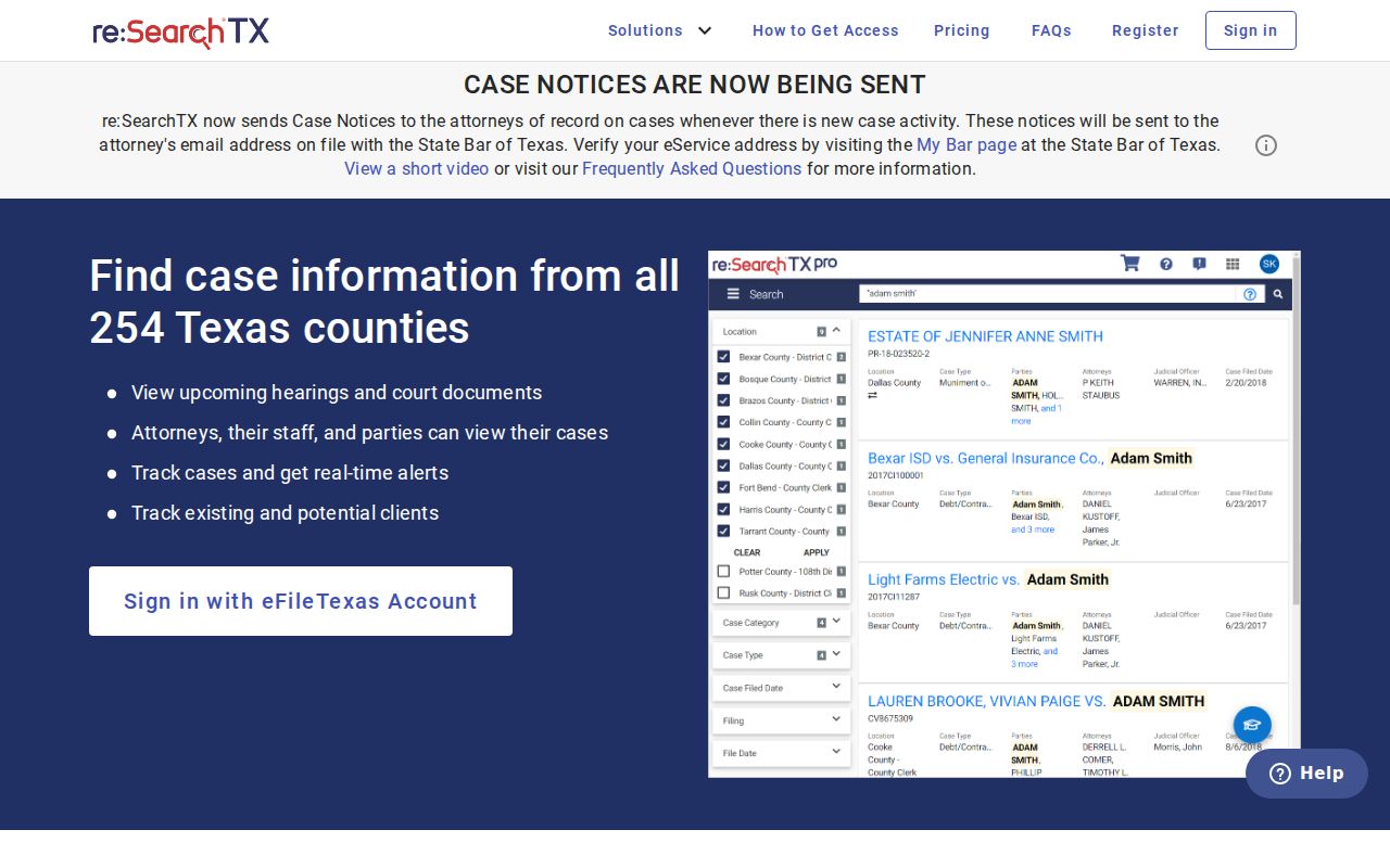 Stonewall County case search re:SearchTX landing screen