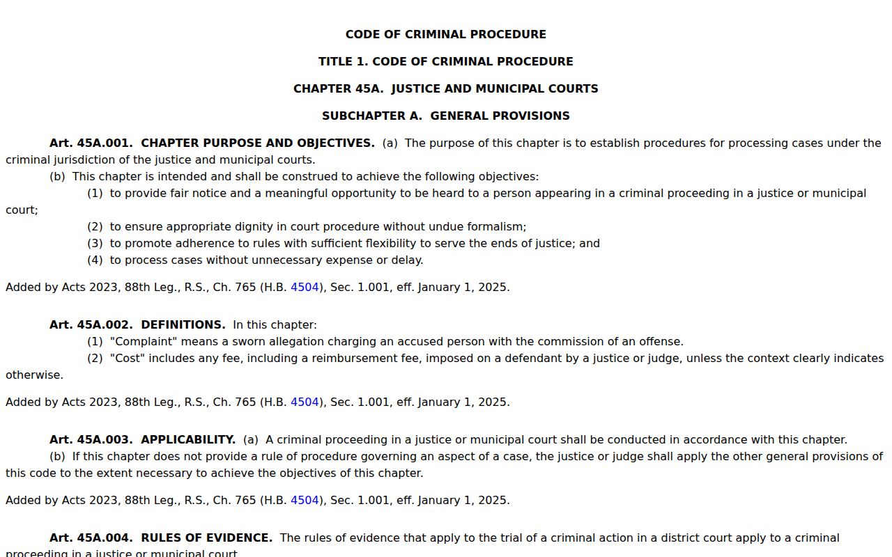 Stonewall County criminal docket Chapter 45A source