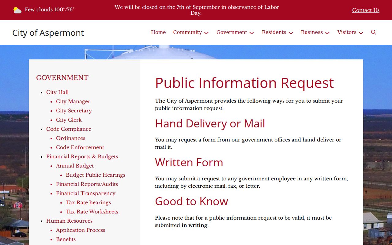 Aspermont public information request channels for city records
