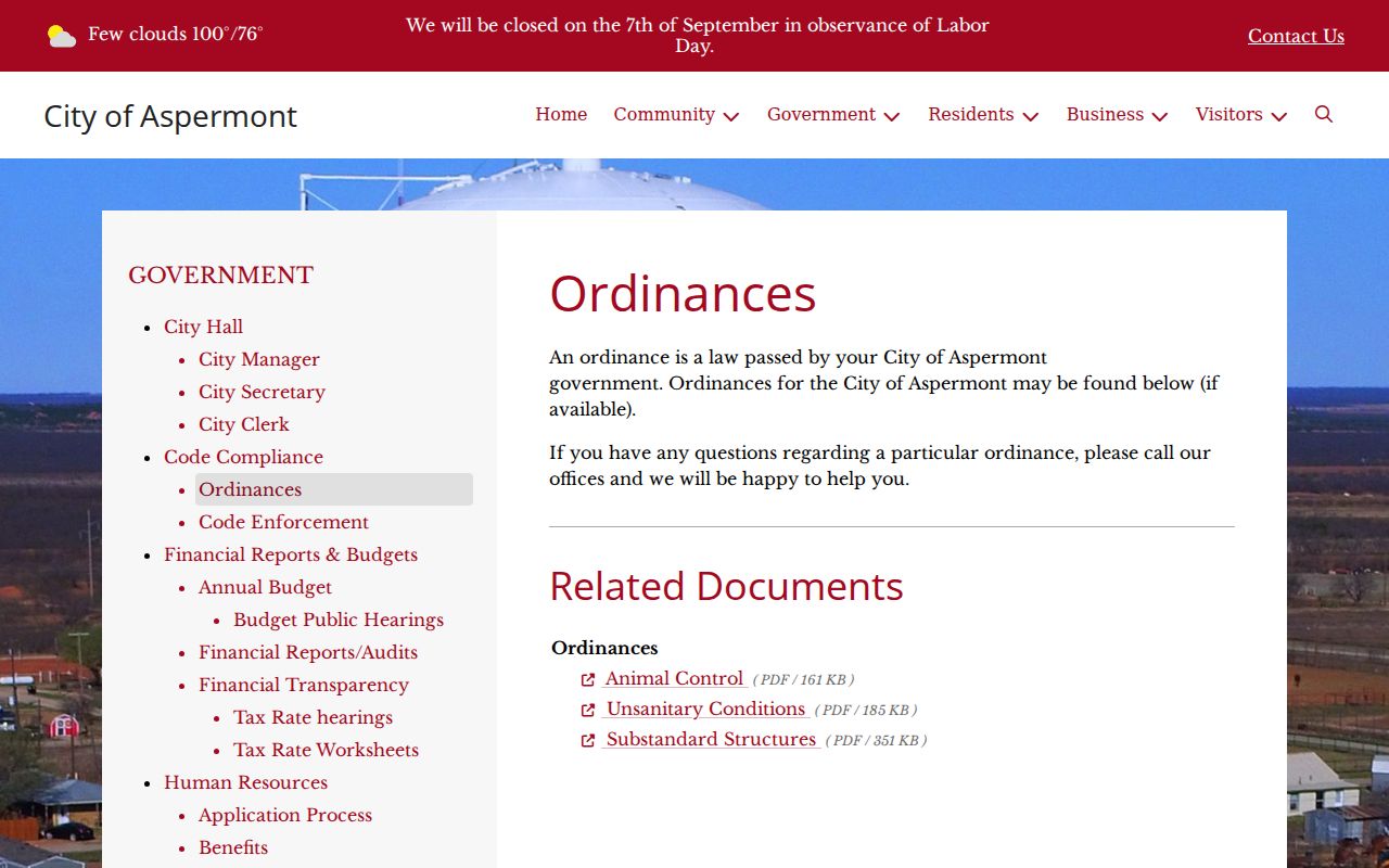 Aspermont ordinances source for Aspermont Municipal Court context