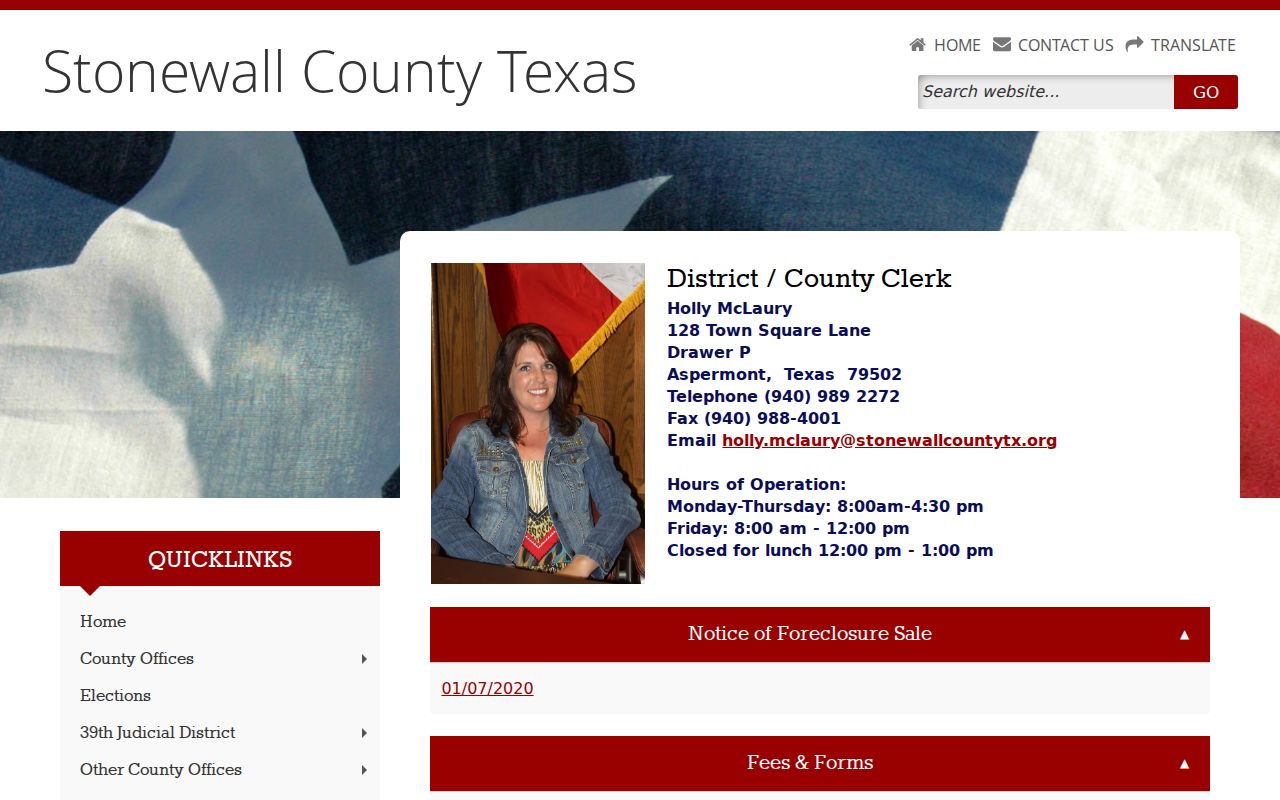 Stonewall County court records online access link at County Clerk page